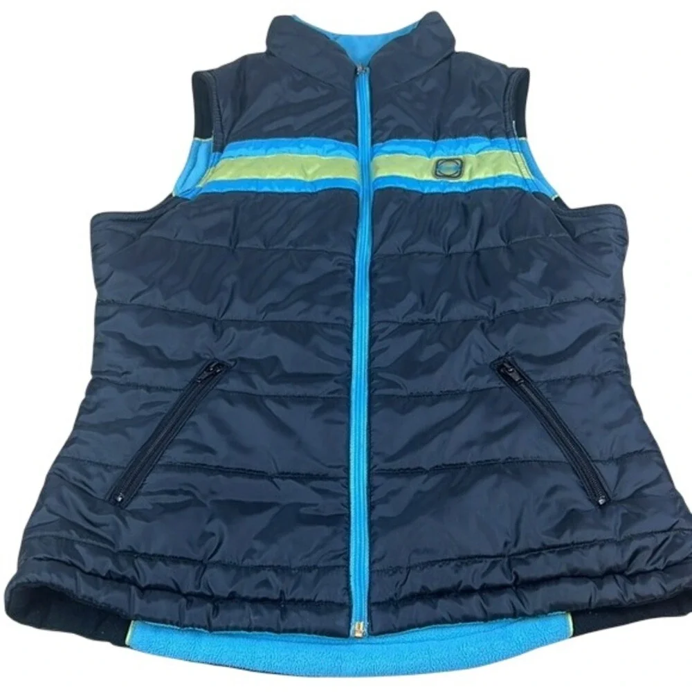 Le Tigre Y2K‎ Unisex Reversible Puffer Fleece Vest Black Blue Lime Green Size M